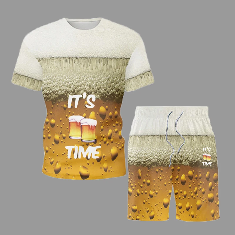 New Creative Beer Drink Printed Short Sleeve Men Set Summer Slim  T-Shirt Shorts 2 Packs Fitness Casual Youth Fashion Tracksuit