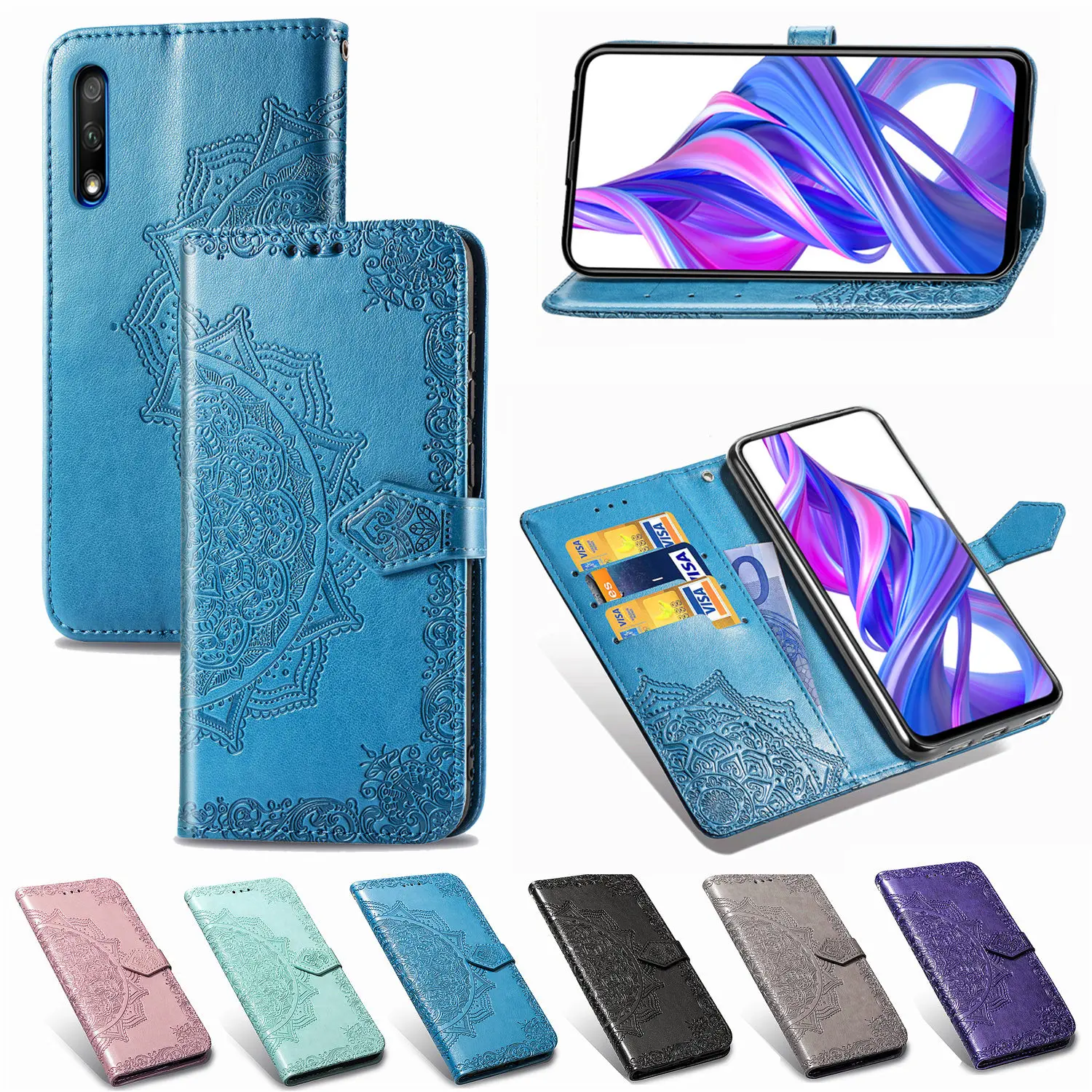 Кожаный чехол для Huawei Y9S объемный тисненый кошелек с цветами кожаный книжка STK