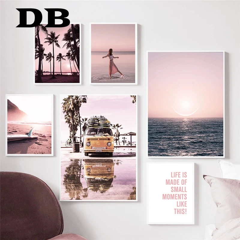 

Nature Pink Style Scenery Nordic Canvas Painting Beach Landscape Picture Wall Art Poster And Print For Home Living Room Decor