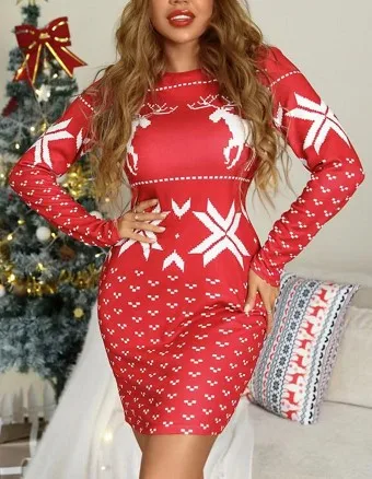 

2021 autumn new female Christmas digital printed long sleeve tight buttock dress