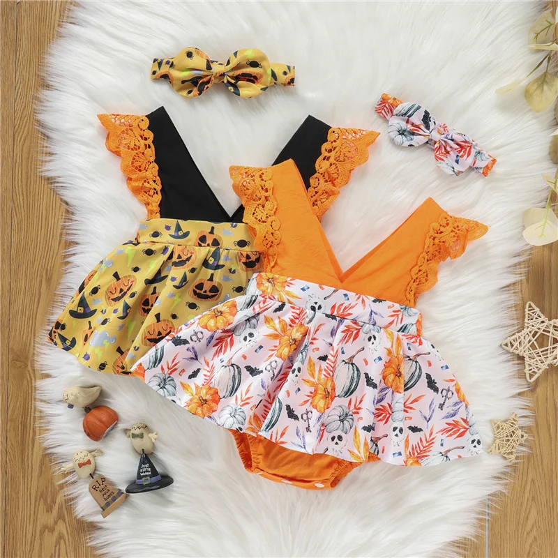 

Baby Girls Casual Fly Sleeve Halloween Romper Fashion Pumpkin Printed Hem Jumpsuits and Headband, 0-24Months