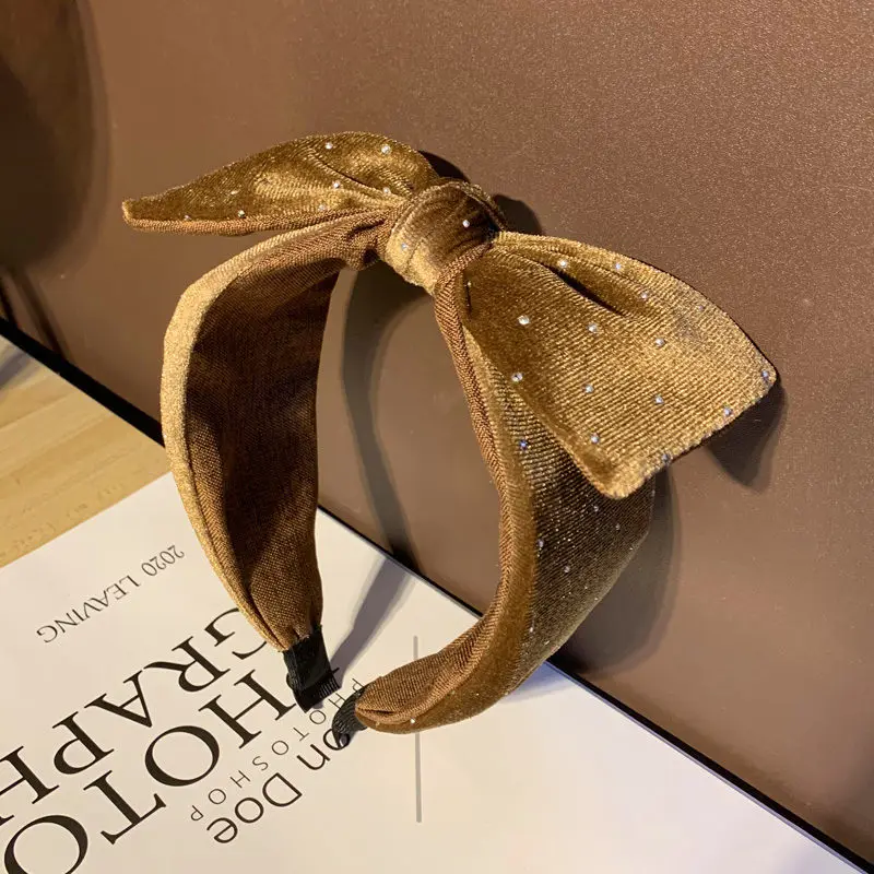 

Coffee Color Velvet Bow Headband for Women Antique Hair Accessories Handmade Solid Bowknot Hairband Rhinestones Head Band