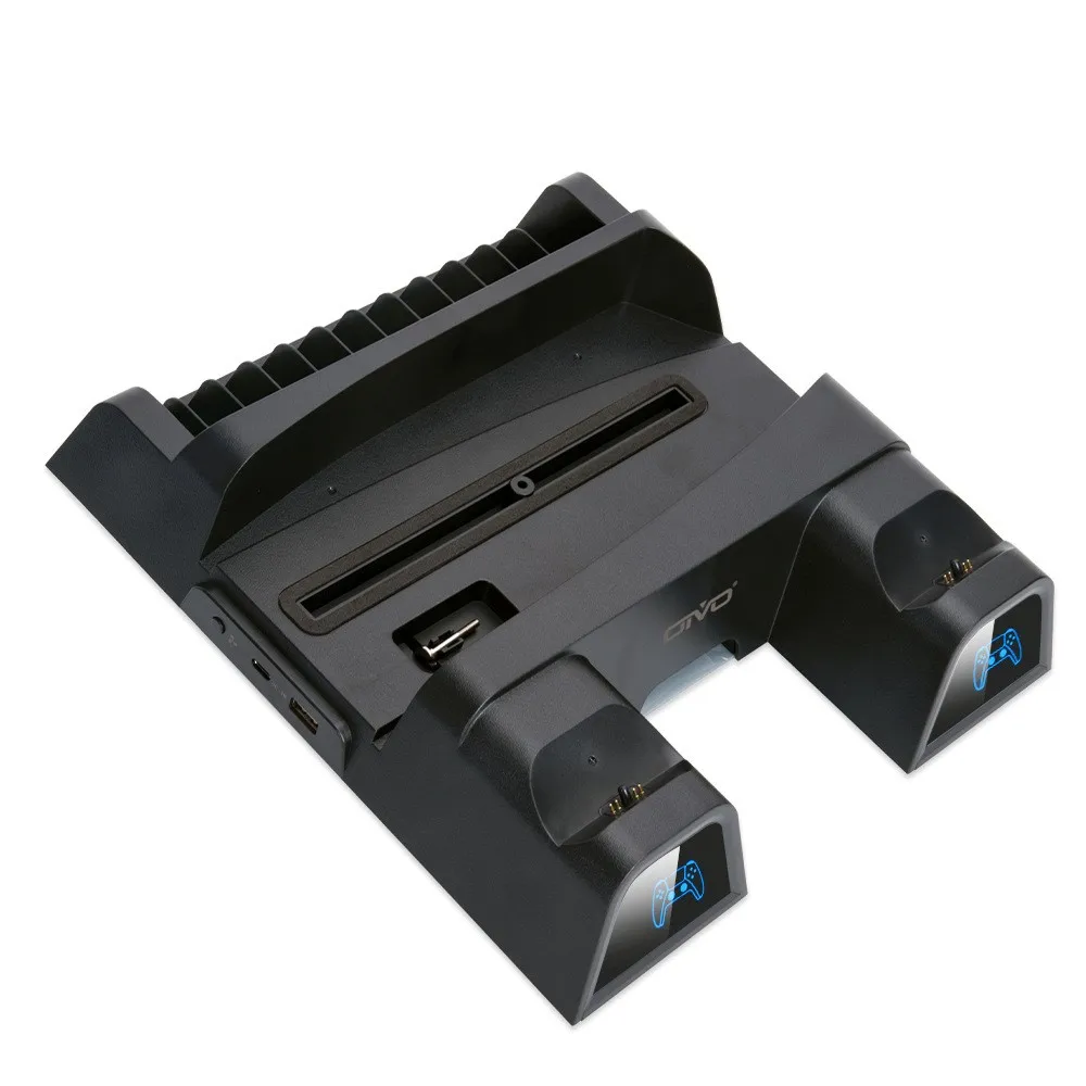 

Game Console Vertical Stand 2 Ports Game Controller Charger Charging Station Dock Game Cards Storage Cooling Stand for PS5