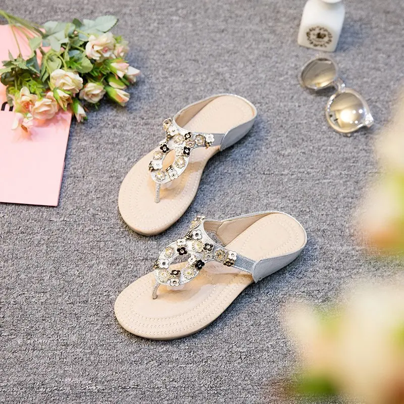 

Women shoes 2021 hot fashion women sandals elastic t-strap bohemia beaded owl slipper flat sandals women summer shoes flip flop