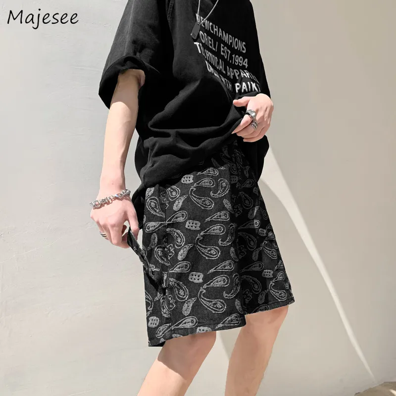 

Hip Hop Casual Shorts Men Harajuku Print Denim Knee-length Trousers Summer Male High Street Trendy All-match Chic Designer Retro