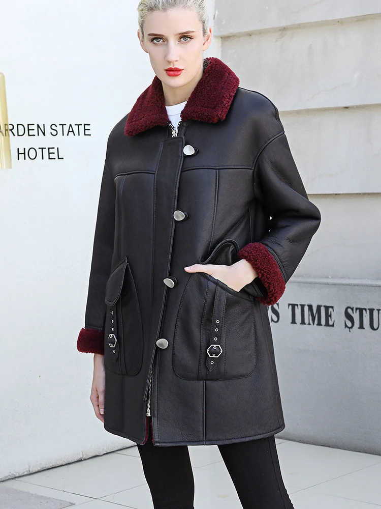 Пальто из натурального меха Женская Зимняя шерстяная подкладка пальто овчины