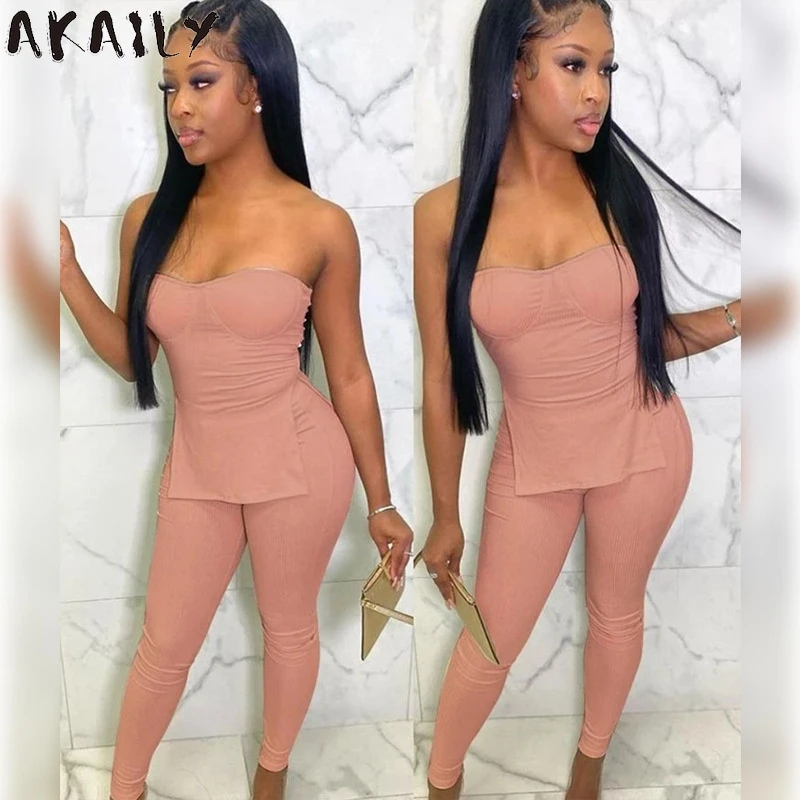 

Akaily Streetwear White Bodycon 2 Two Piece Sets Women Summer Black Strapless Backless Side Slit Crop Top Long Pants Sets Female