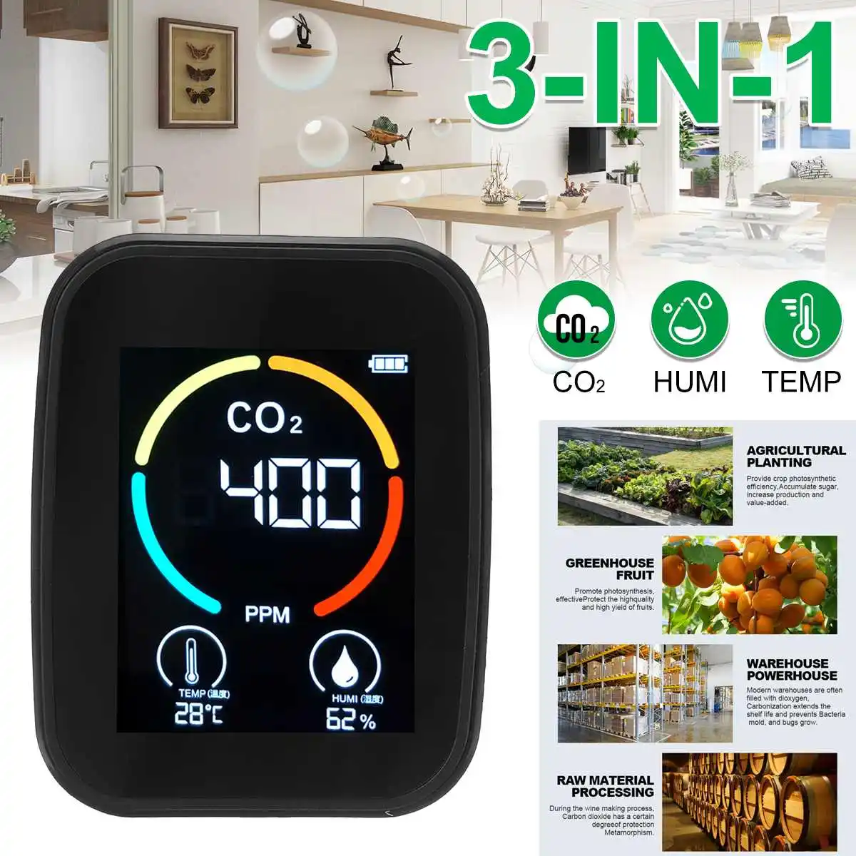 

3 in 1 CO2 Meter Digital Temperature Humidity Sensor Tester Air Quality Monitor Carbon Dioxide TVOC Formaldehyde HCHO Detector