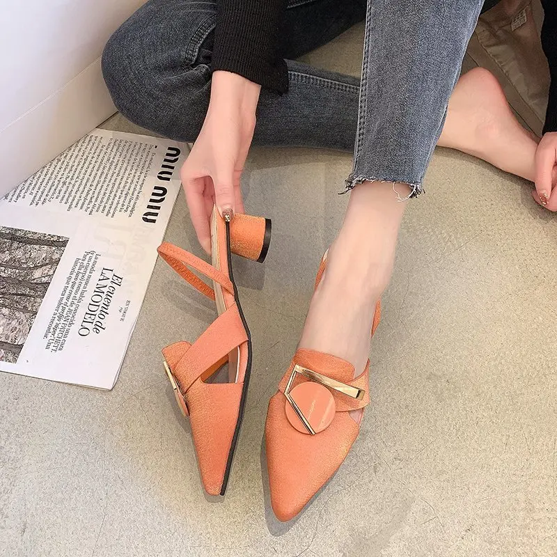 

Pointed Toe High-Heeled Shoes Lady Square heel Ladies' Slippers Med Slipers Women Luxury Slides Block 2021 Designer Soft Rome Ru