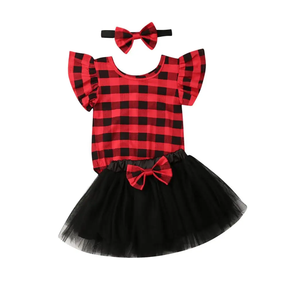 

2021 New Christmas Newborn Kid Baby Girl Clothes Sets Plaid Cotton Fly-Sleeve Top Tutu Skirt Popular Xmas Party Clothes Dropship