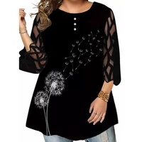 plus size tops 2021 summer printed large size womens tunics blouse black lace sleeve female fashion elegant patchwork tops