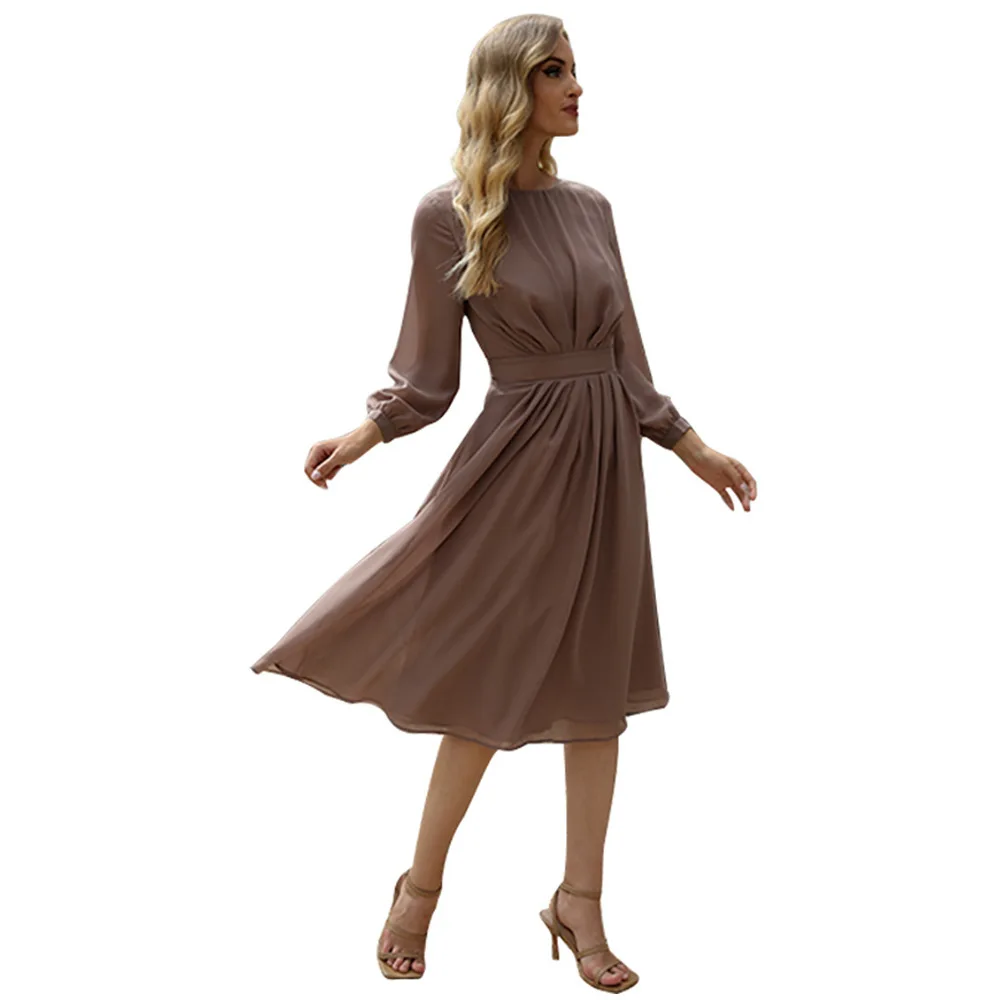 

Women's Dress 2021 Spring New Women's Dress European And American Style Solid Color Pleated Slimming Mid-length Dress