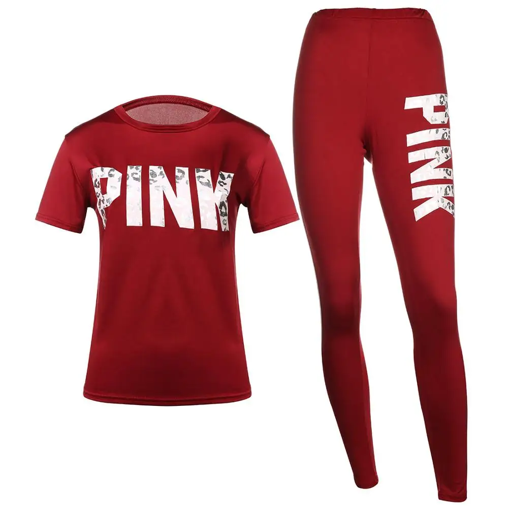 

2 Pieces Outfits Women Tracksuits Pink Letter Print Two Piece Set Short Sleeve Crop Top Biker Shorts Sport Jogger Sweatsuit Sets