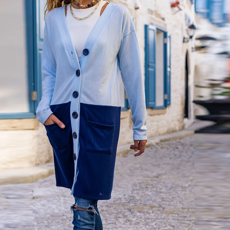 

Autumn Single Breasted V-Neck Women Long Coat Elegant Loose Femme Long Sleeve Jacket Casual Color Match Pocket Lady Streetwear