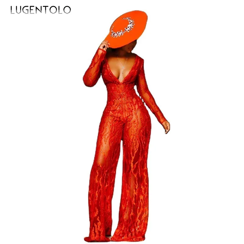 

Lugentolo Elegant Jumpsuit Women's Sequin Red Long Sleeve Sexy Deep V-neck Perspective Straight Long Jumpsuits