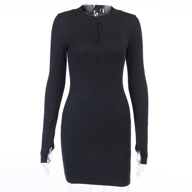 

Ladies V-neck Zipper Dress Long Sleeve Elastic Solid Color Black Evening Dress Spring Autumn