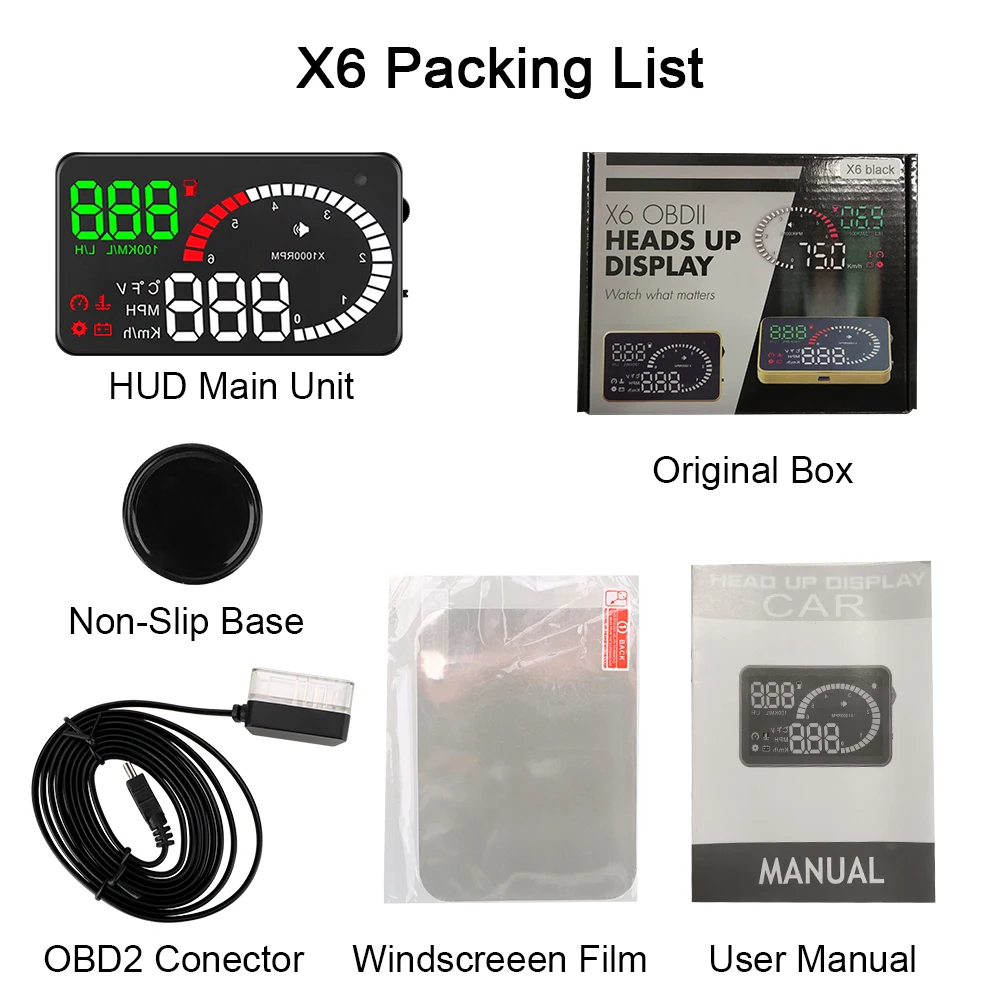 

Universal Auto OBD2 HUD Car Head Up Display X6 A8 LED Windshield Projector Voltage Alarm Speed Fuel Warning Data Diagnostic Tool