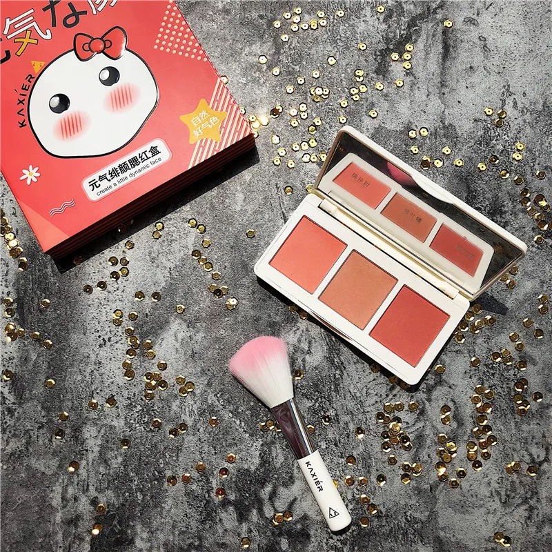 

3 Color Natural Mineral Face Blush Pigmented Cheek Blusher Bronzer Highlighter Palette Blush Contour Makeup Brush Cosmetic