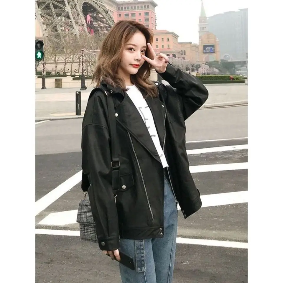 

Sungtin Faux Leather Jacket Women Casual PU Loose Motorcycle Jackets Female Streetwear Oversized Coat Korean Chic New Spring
