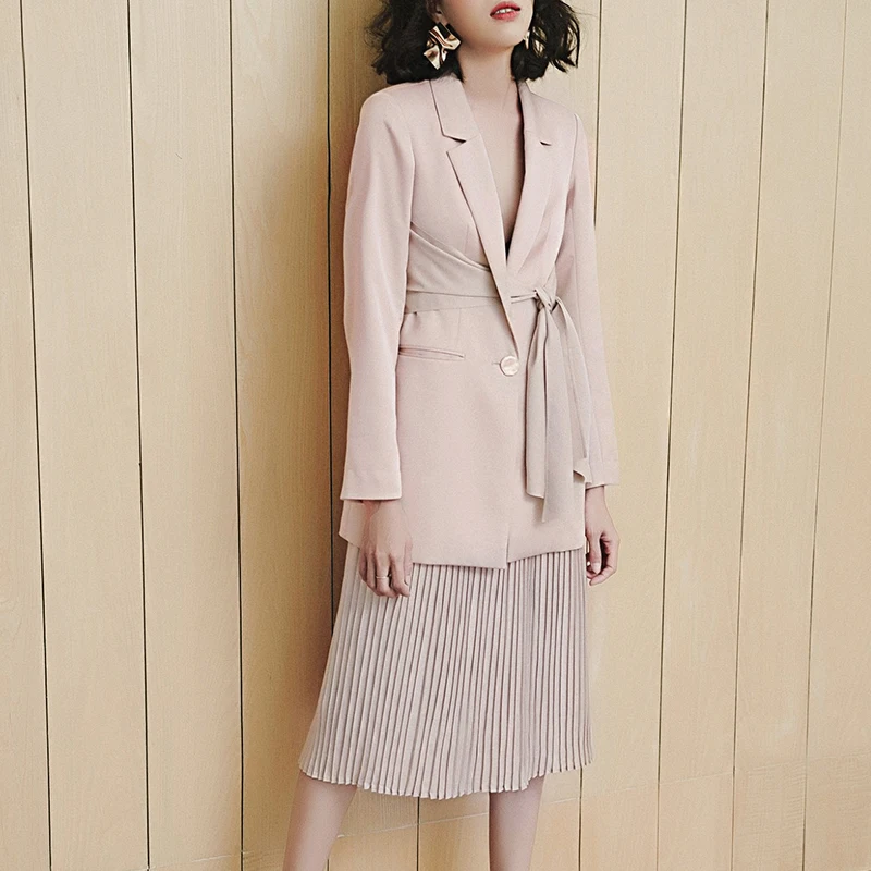 Max Spri 2019 New Vintage Deep V Long Sleeve Blazer With Belt Pleated Skirt Slim Office Lady Suit Fashion Women Two Piece Sets | Женская