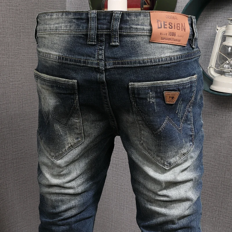 Italian Vintage Fashion Men Jeans Retro Blue Elastic Cotton Slim Fit Ripped Jeans Men Distressed Designer Casual Denim Pants