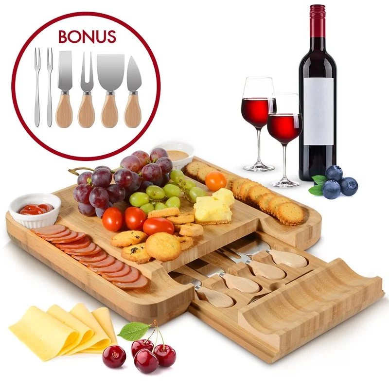 Bamboo Cheese Board Cutlery Knif Set With Slide Out Drawer 4 Knives Sets Cooking Tools Cheese Knife Cheese Slicer Fork Scoop Cut