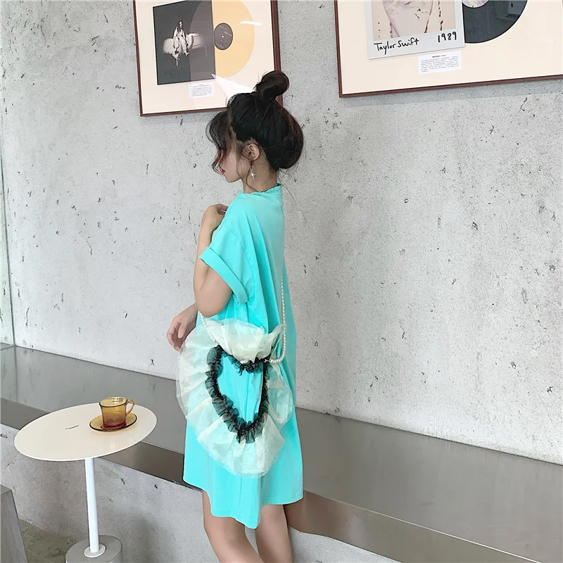 

2021 Summer European New Bead Chain Love Embroidered Ladies T-shirt Women Loose Mid-Length Fashion Pullover Crew Neck Top Tees