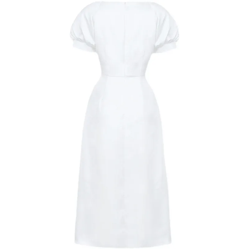 

DEAT Women White Asymmetrical Split Fork Folds Dress New V-Neck Short Puff Sleeve Slim Fit Fashion Tide Summer 2021 7E0053