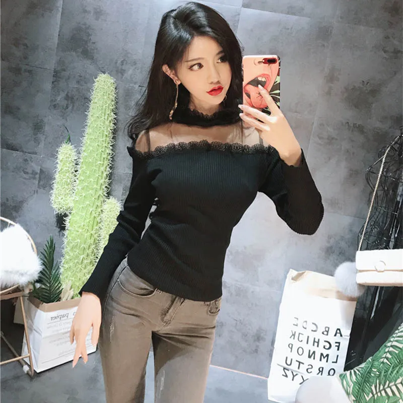 Woherb перспективный газовый кружевной свитер женские эластичные водолазки