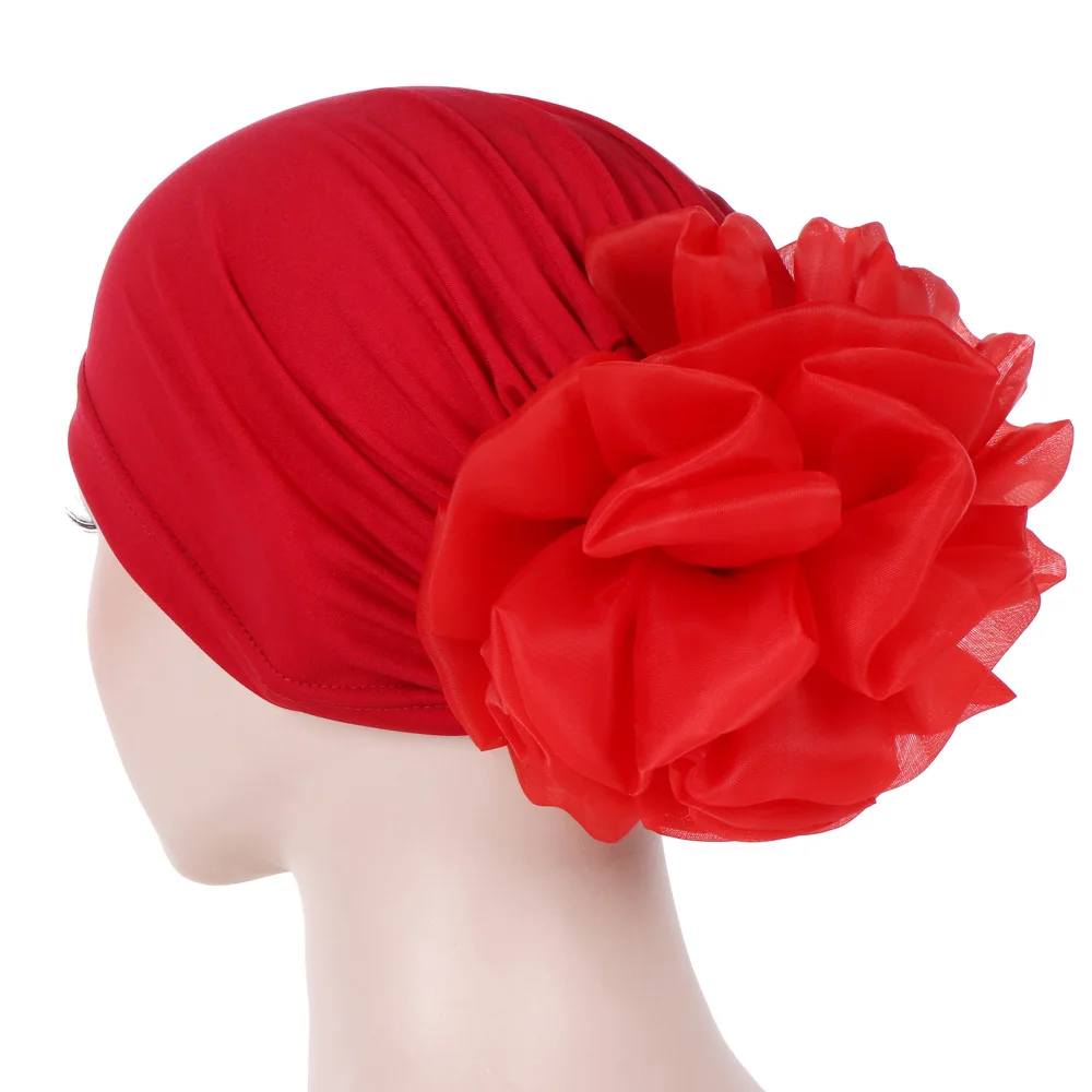 

Helisopus 2022 Women Muslim Solid Color Turban Big Flower Design Headband Ladies Elastic Headwear Hair Loss Cover Accessories
