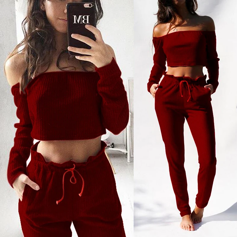 Women Sweater Set 2020 Summer One Shoulder Long Sleeve Red Dew Navel Pant Two Piece | Женская одежда