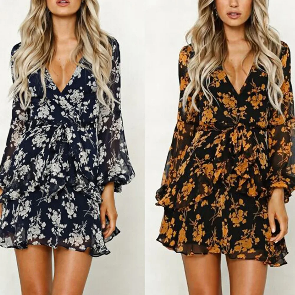 Платье с длинными рукавами Повседневные облегающие платья цветочным принтом