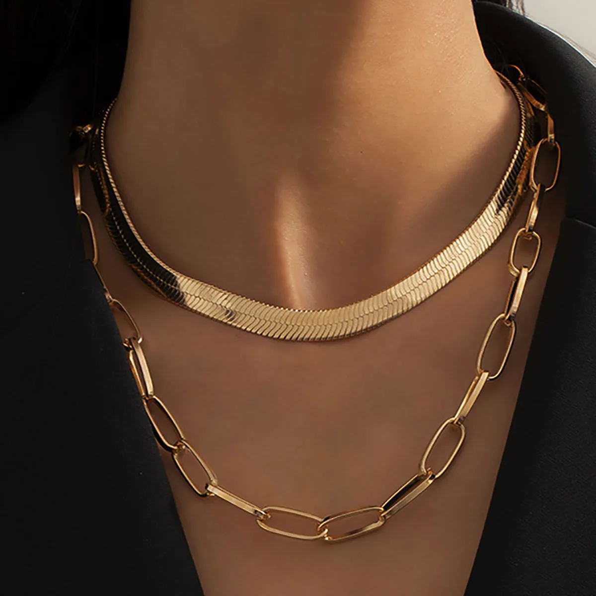 

Vintage Gold Color Metal Flat Snake Chain Clavicle Necklace Female Multilayer Hollow Cross Necklaces Girls Fashion Jewelry