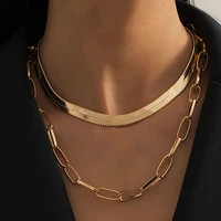 retro copper gold flat exaggerated big snake chain clavicle necklace women multilayer geometry cuba miami necklaces girl jewelry