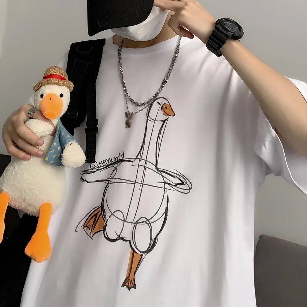 

Insstudios summer trends in Korean retro spoof hand painted duck print crew neck short sleeve T-shirt