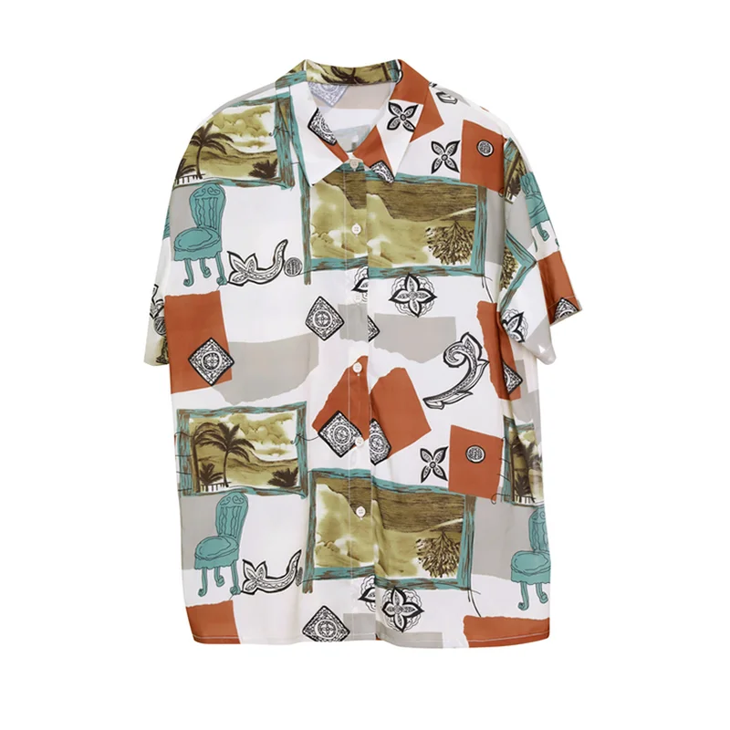 

Korejepo Women Shirts 2021 Summer Korean Retro Temperament Hong Kong Style Lapel Short-Sleeved Niche Oil Painting Print Blouses