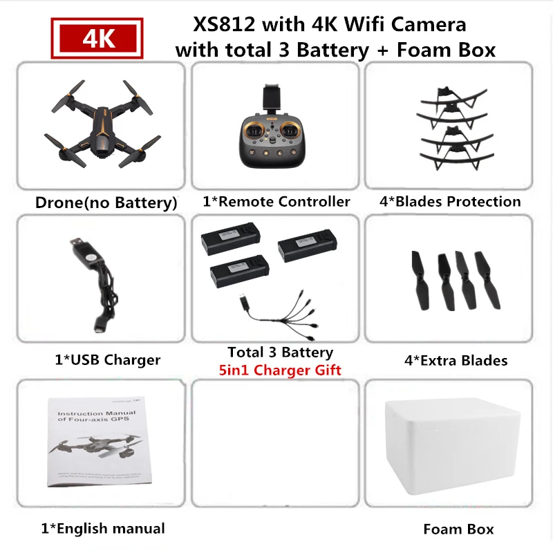 4K 3B Foam Box VISUO XS812 gps Дрон с камерой 4K 5G FPV RC вертолет высота удержания Квадрокоптер следуй за мной Квадрокоптер VS SJRC Z5 F11 Дрон - Цвет: 4K 3B Foam Box