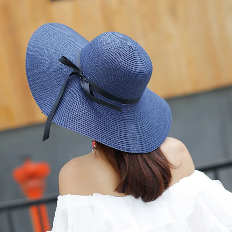 Летняя женская шляпа от солнца с большими широкими полями черная пляжная бантом