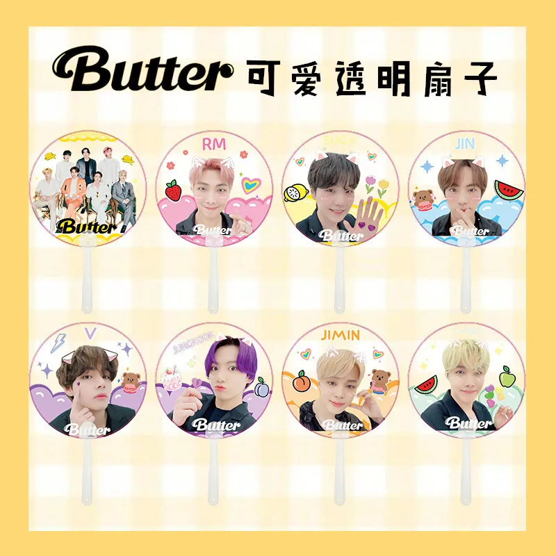 

New Kpop Bangtan Boys Butter Cartoon Transparent Handmade Small Creative Round Fans PVC Fans Gift Size 18CM Lovely Design