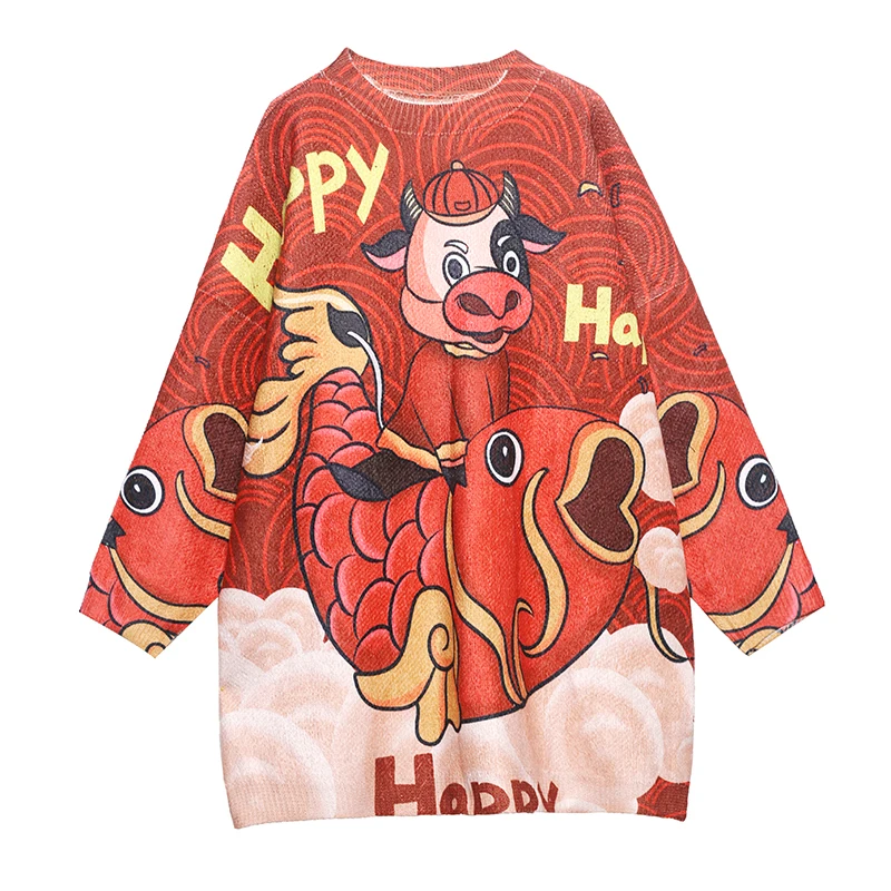 

XUXI Women Fashion Printing Sweater Streetwear Loose Kniting Pullovers Long Sleeve Femme O-Neck Spring Autumn 2021 FZ3620