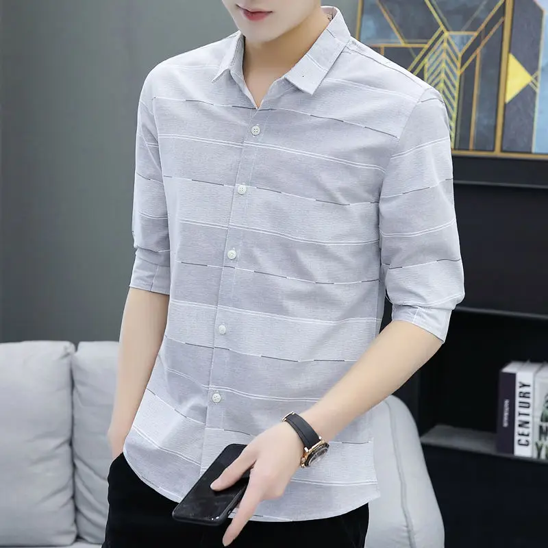 2022 New Fashion Mid Sleeve Shirt Men's Trend Versatile Youth Casual Slim-fit Color Block Top Hot