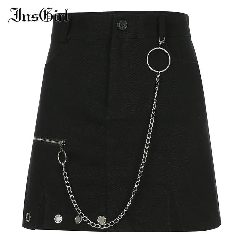 

InsGirl Harajuku Dark Gothic Skirt Women Street Punk Mall Goth High Waist Ring Chain Sexy Split Black Skirt Y2k E-girl Emo Skirt