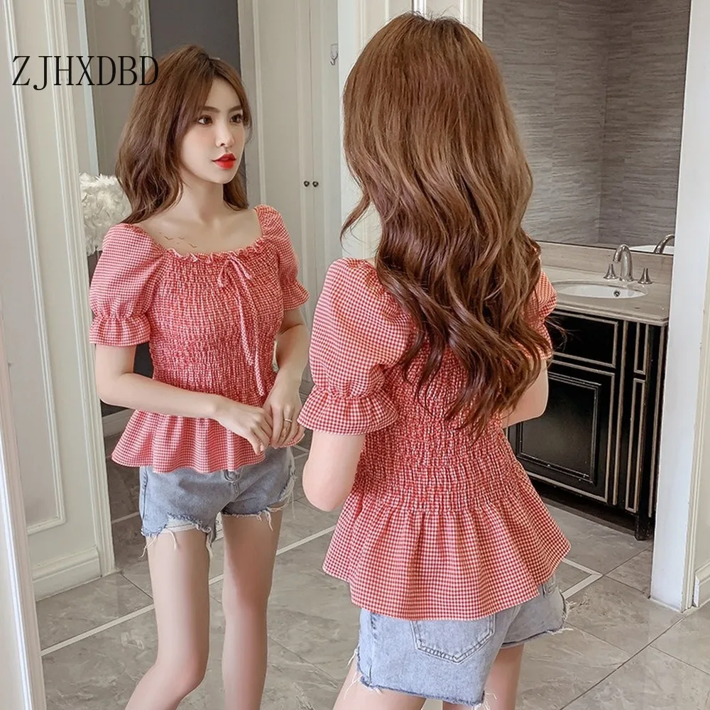

2020 Summer New Korean Bubble Sleeve Shirt Waist Slimming Plaid Shirt Women Red Square Collars Puff Sleeve Sweet Blouses Clothes
