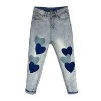 spring autumn fashion women blue jeans pants heart print casual pants loose harem pants