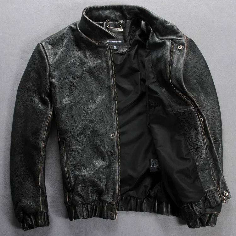 Мужская кожаная куртка приталенная двухцветная ручной работы из натуральной