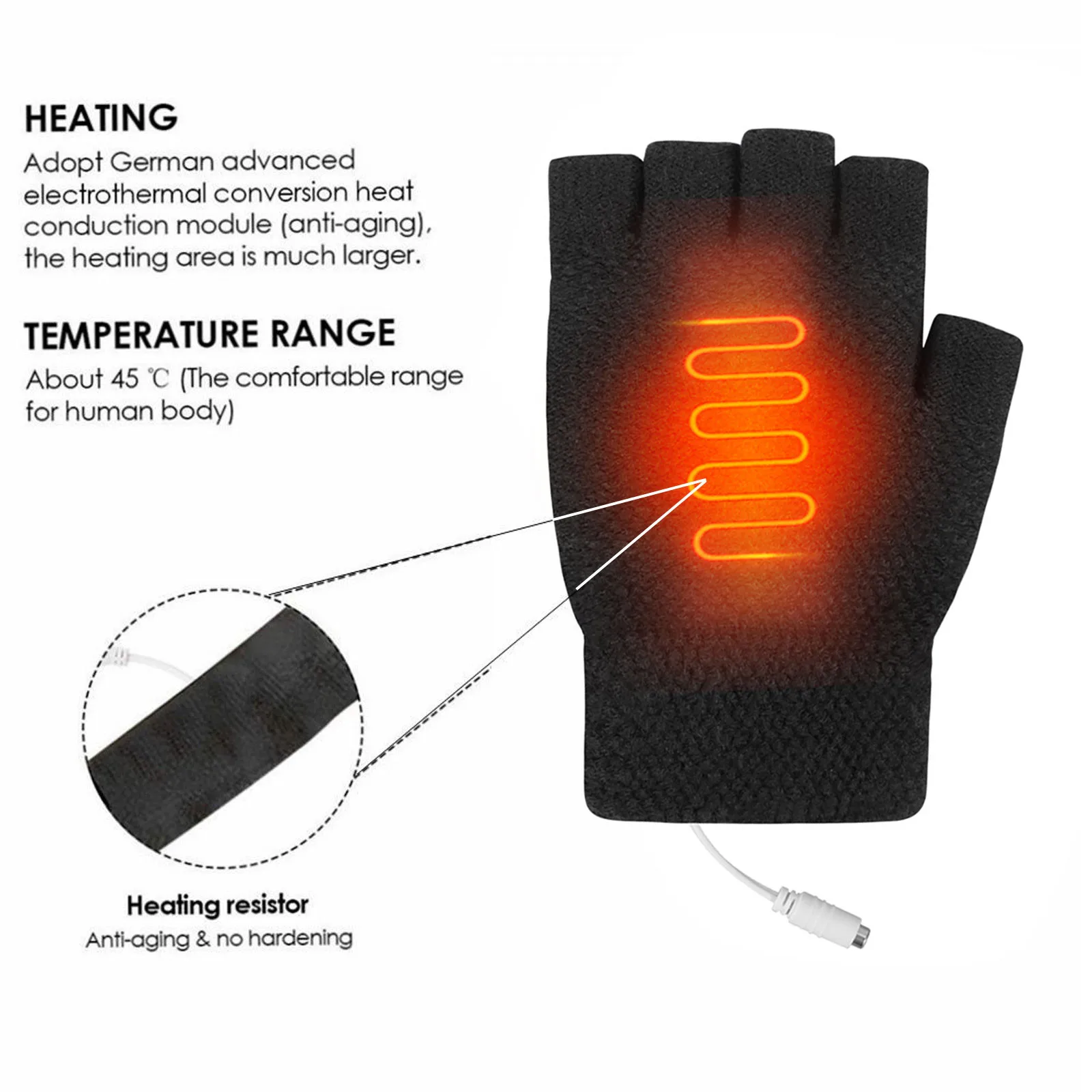 

Electric USB heated Gloves Winter Thermal half-finger With full-finger cover rechargeable For outdoor bike cycling indoor office
