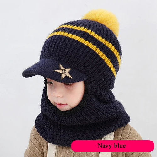 Navy Blue Cap Детская шапка-шлем снуд зимняя кепка для мальчики с помпоными шапки для девочики шапочки для новорожденных HT073 - Цвет: Navy Blue Cap
