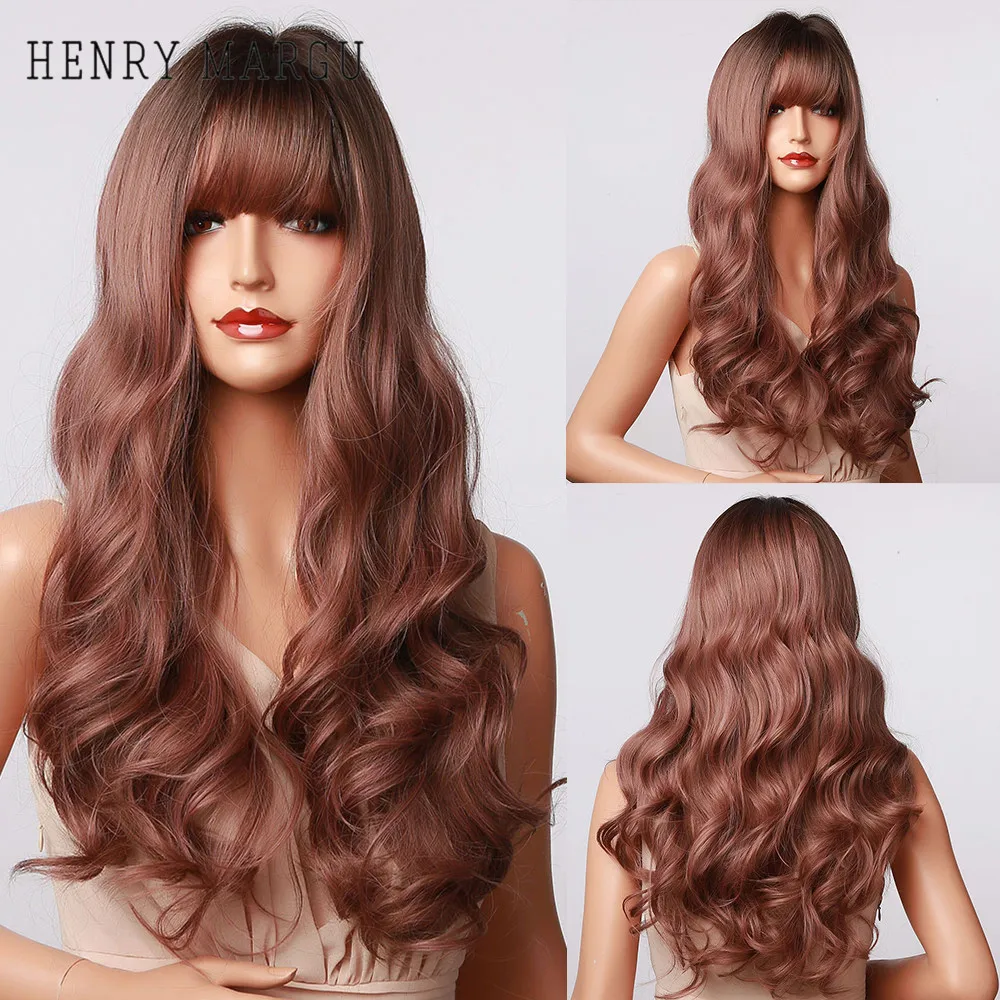 

HENRY MARGU Long Wavy Synthetic Wigs Dark Root Ombre Red Brown Wig for Women Trendy Cosplay Daily Wig with Bangs Heat Resistant