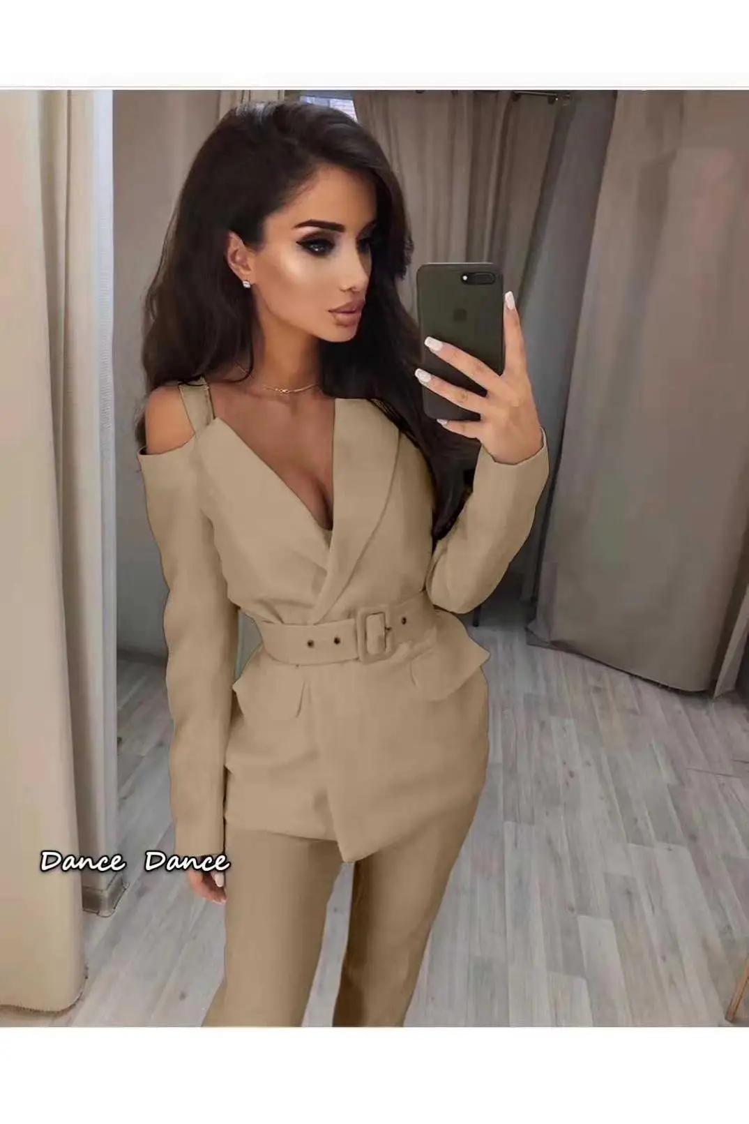 

2020 Real V-neck Fly Polyester Full Autumn New Product Suit Female Fashion Western Design Sense Strapless Waist 2-piece Women