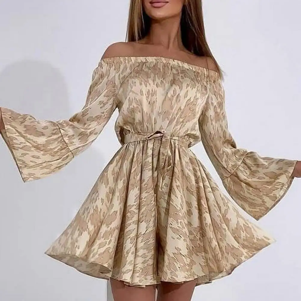 

Ladies Elegant Long Sleeve Dresses Flare Sleeve Printing Off Shoulder Elastic Neck High Waist Dress Woman Summer 2021